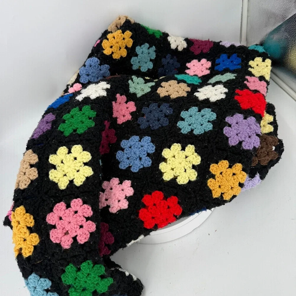 Vtg granny square crochet blanket colorful motifs against a black 54.5